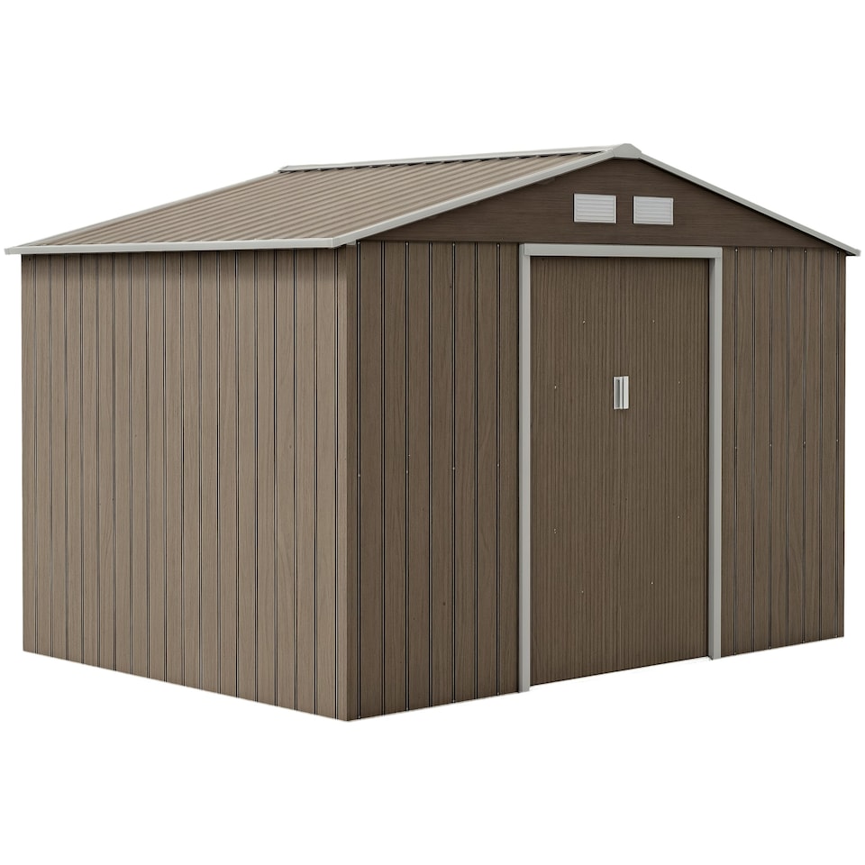 image 1 of Outsunny 9 x 6FT Galvanised Garden Storage Shed with Sliding Door, Brown