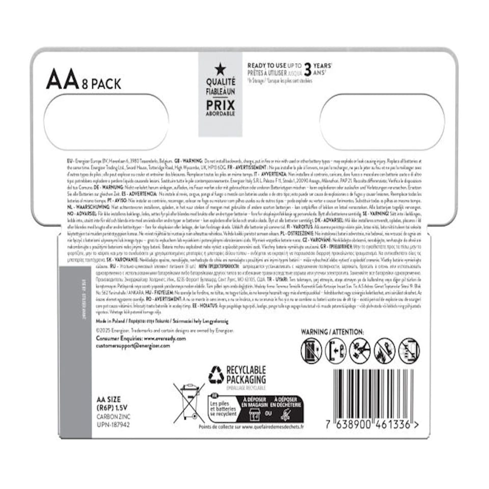 image 1 of Eveready Super Heavy Duty AA Zinc Batteries, Pack of 8 (6+2)