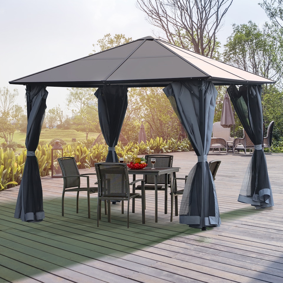 image 1 of Outsunnym 3 x 3m Hardtop Gazebo Canopy with Polycarbonate Roof, Aluminium Frame, Permanent Pavilion Garden Gazebo with Netting and Curtains  Grey