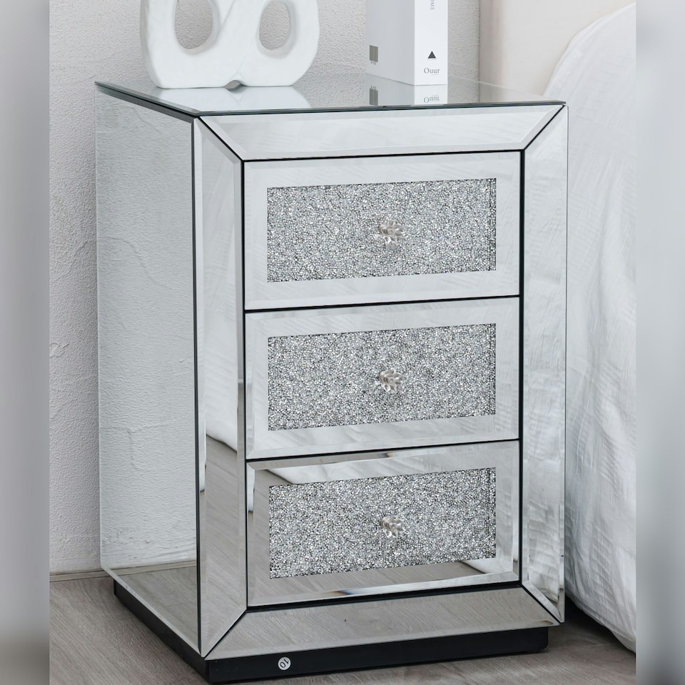 image 1 of Diamond Crystal Mirrored 3 Drawer Bedside Table