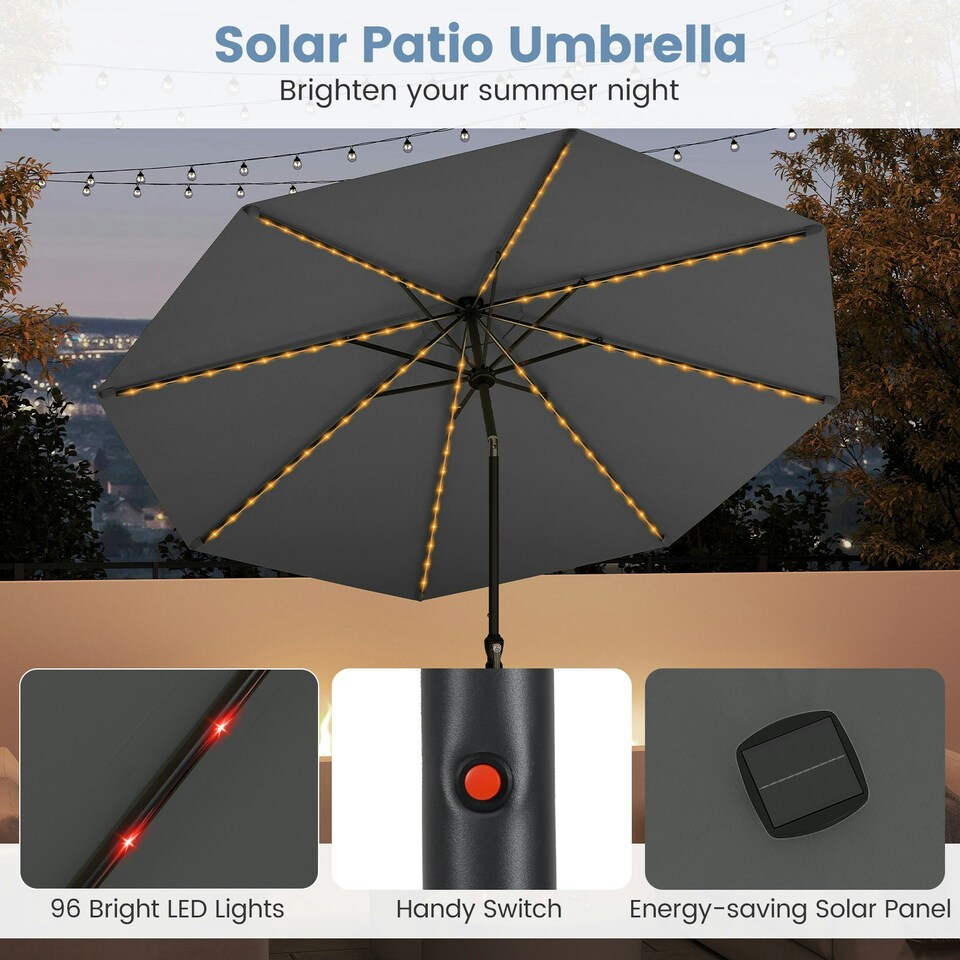 image 1 of COSTWAY 290 cm Solar Patio Parasol Umbrella 96 LED Lights Grey Grey