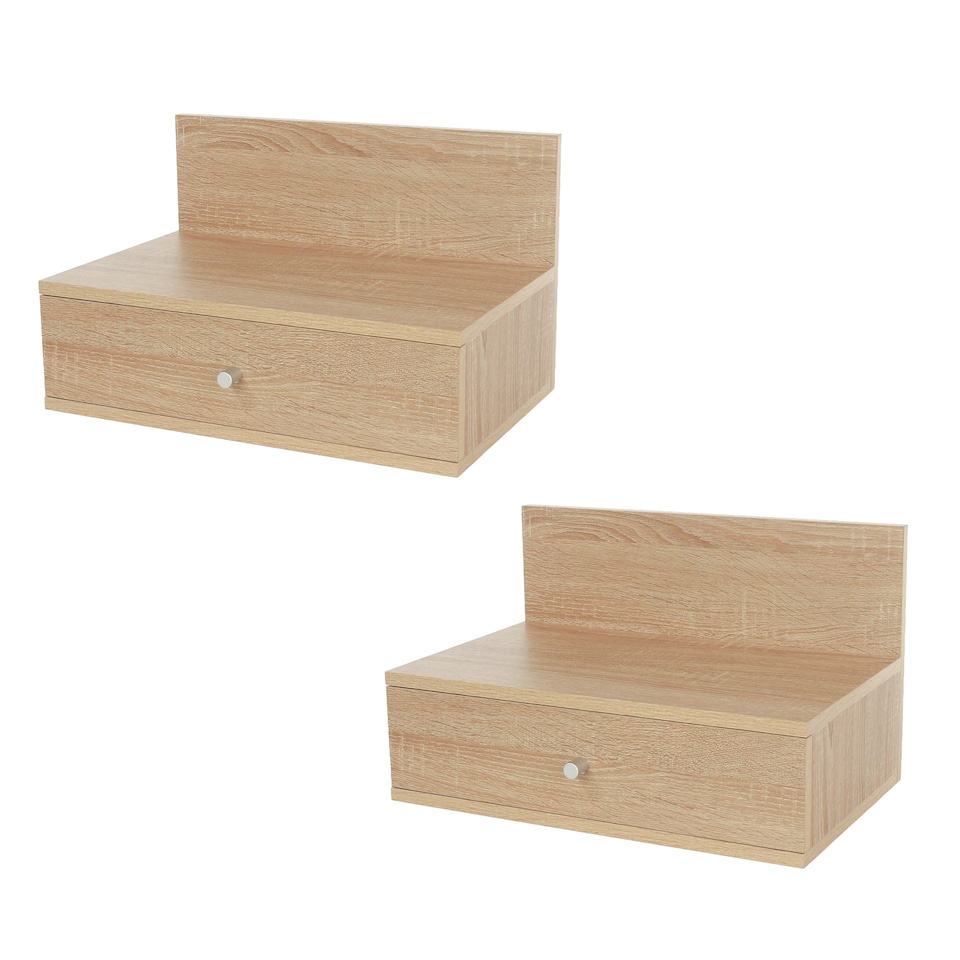 image 1 of Pair of Kelly Wall-Mounted Bedside Cabinets with Drawer - Modern Floating Bedside Tables | Brown | Oak Effect | One Size | 2