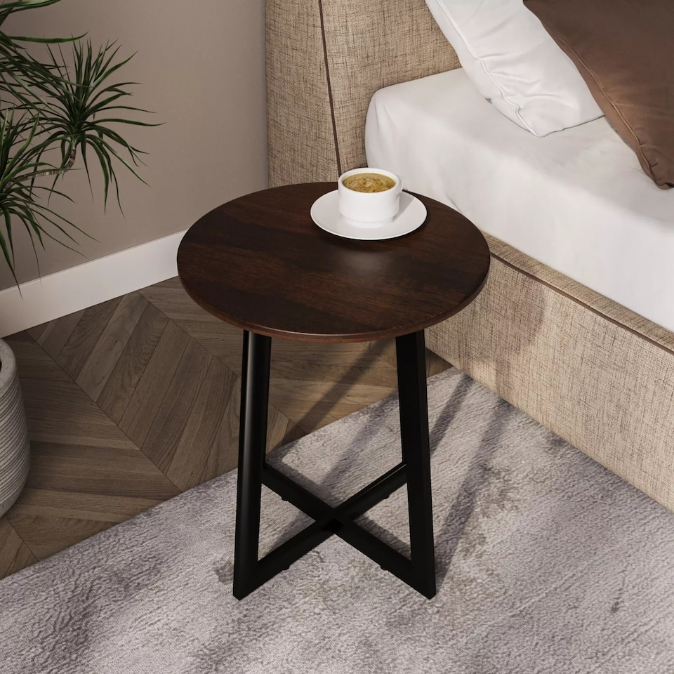 image 1 of Round MDF Coffee Side End Table with Steel Frame Legs Marble Look Living Room | Multi | Dark Walnut | 1