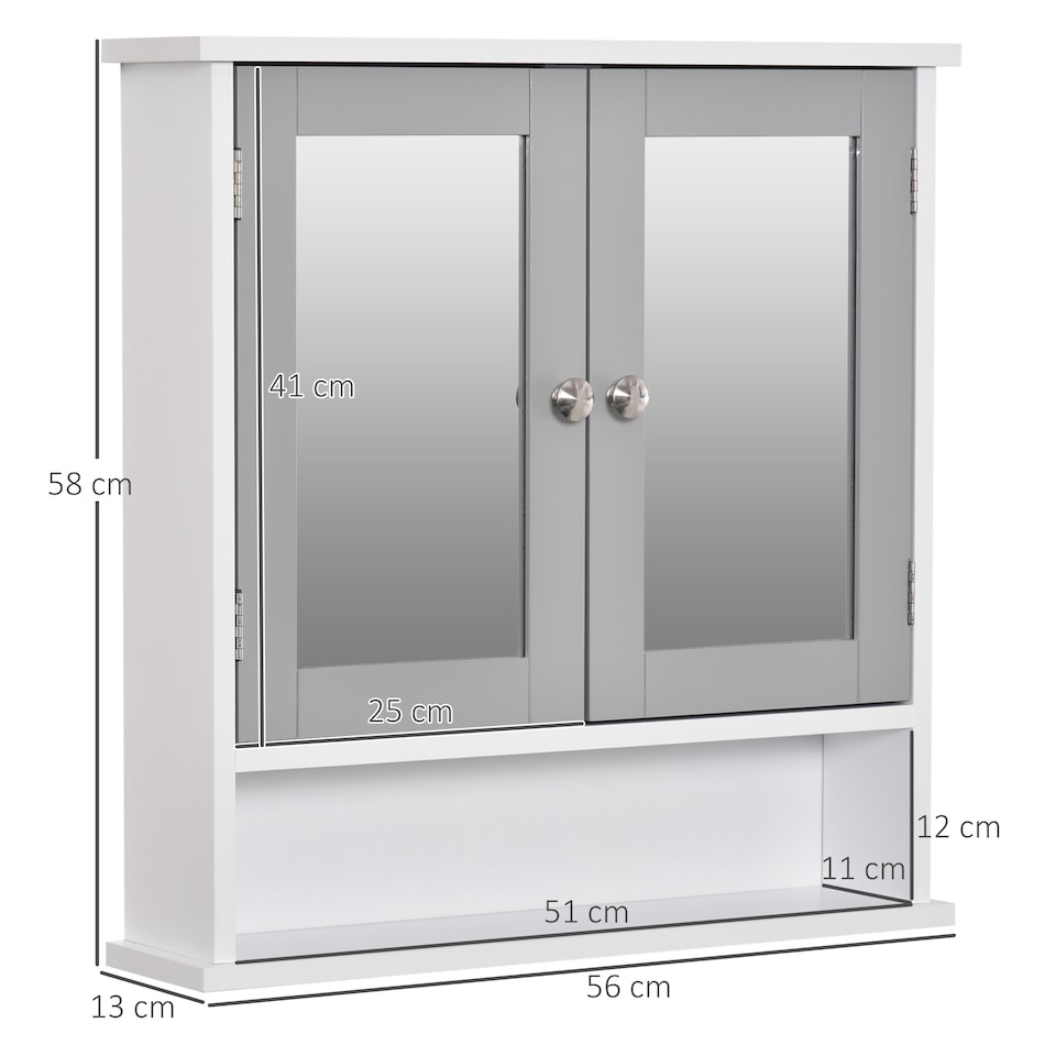 image 1 of kleankin Mirror Cabinet Wall Mounted with Double Mirrored Doors, Hanging Cabinet with Cupboard and Shelf, Bathroom Wall Storage Organiser, Grey