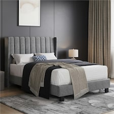 Yaheetech 135 cm W x 190 cm L Upholstered Bed Frame with Wing Side Light Grey