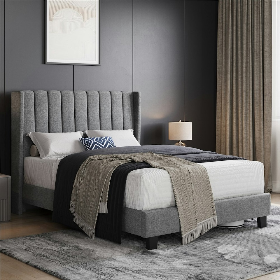 image 1 of Yaheetech 135 cm W x 190 cm L Upholstered Bed Frame with Wing Side Light Grey