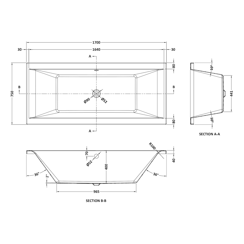 image 1 of Square Double Ended Straight Whirlpool Bath with 12 Chrome Jets and Leg Set, 1700 x 750mm White