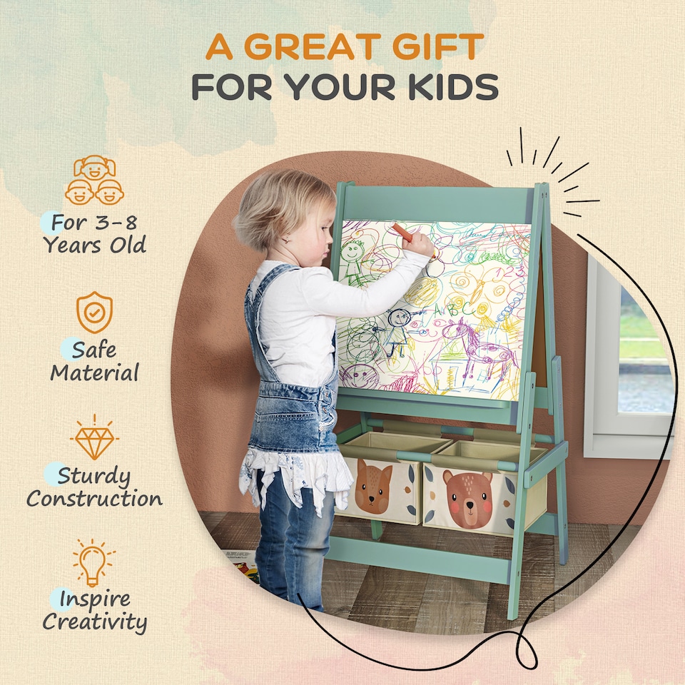 image 1 of AIYAPLAY Kids Easel with Paper Roll, Blackboard, Whiteboard, Storage, Green