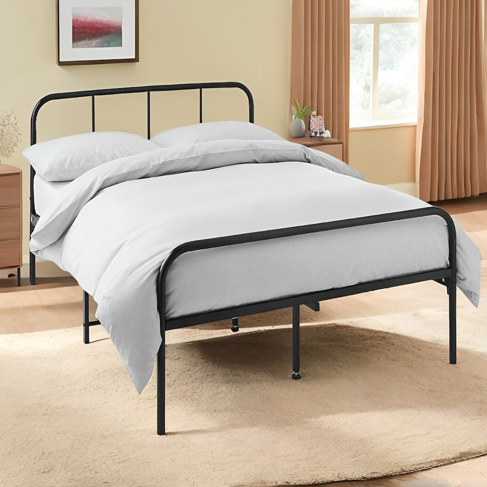 image 1 of Double Size Bed Frame Metal Rounded Headboard Easy Assembly Bed Base Storage