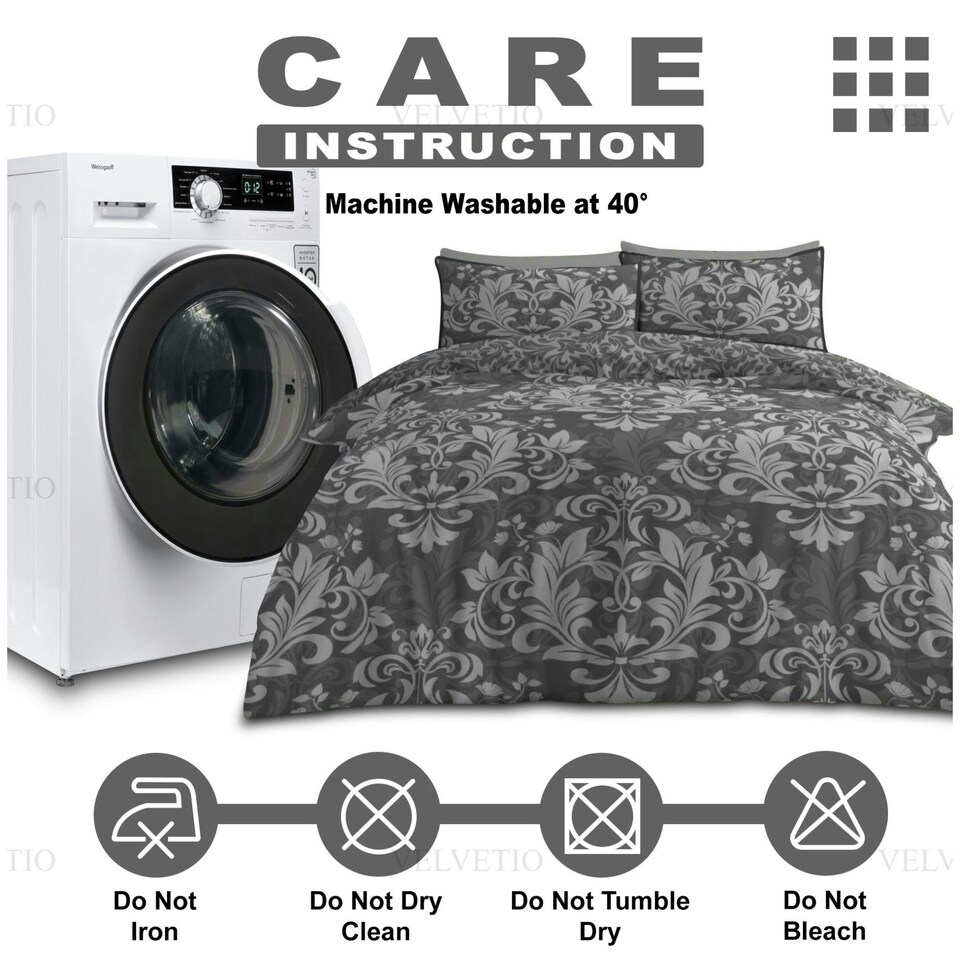 image 1 of VELVETIO Ananias Damask Complete Duvet Cover Set with Fitted Sheet Printed Bedding Quilt Grey | Double