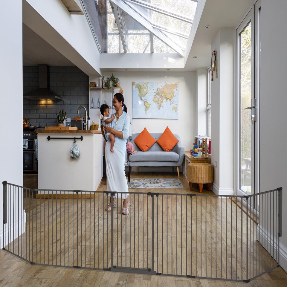 image 1 of Safetots Premium Multi Panel Room Divider, up to 370cm Wide, Grey, 70cm Tall, Flexible Barrier with Door for Baby and Toddler | Grey