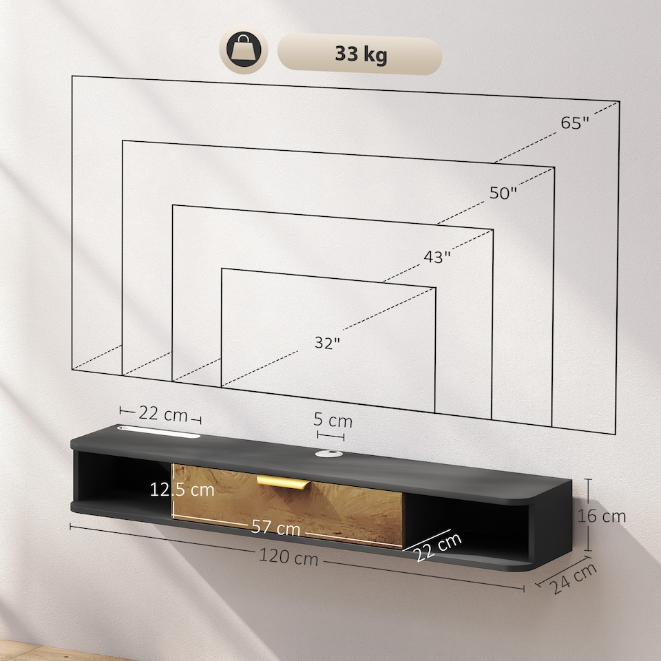 image 1 of HOMCOM 120 cm Floating TV Unit with Storage Entertainment Media Console Grey