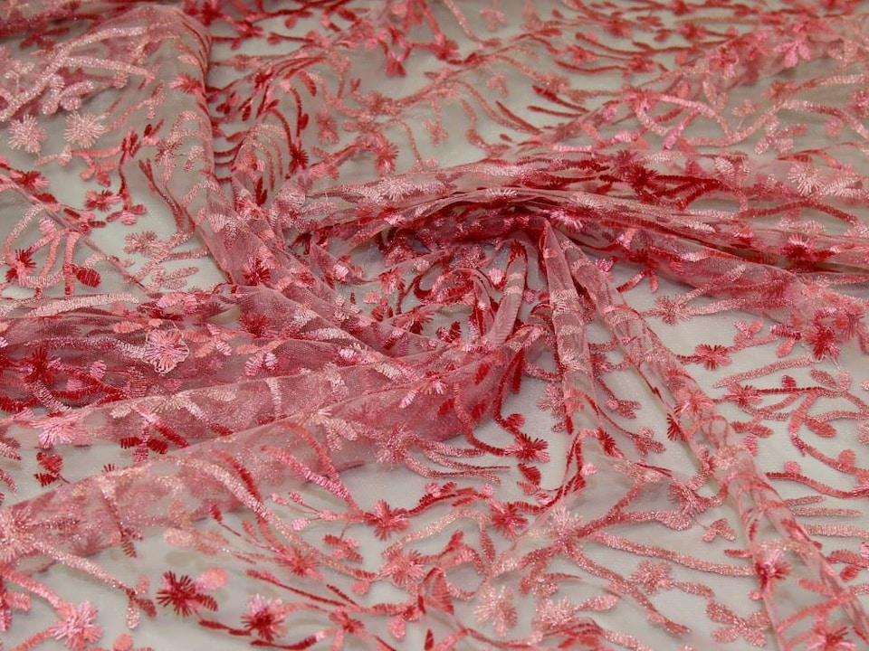 Pink Embroidered Lace Tulle Fabric for Bridal, Dressmaking, 142.5cm / 56" Wide - per metre