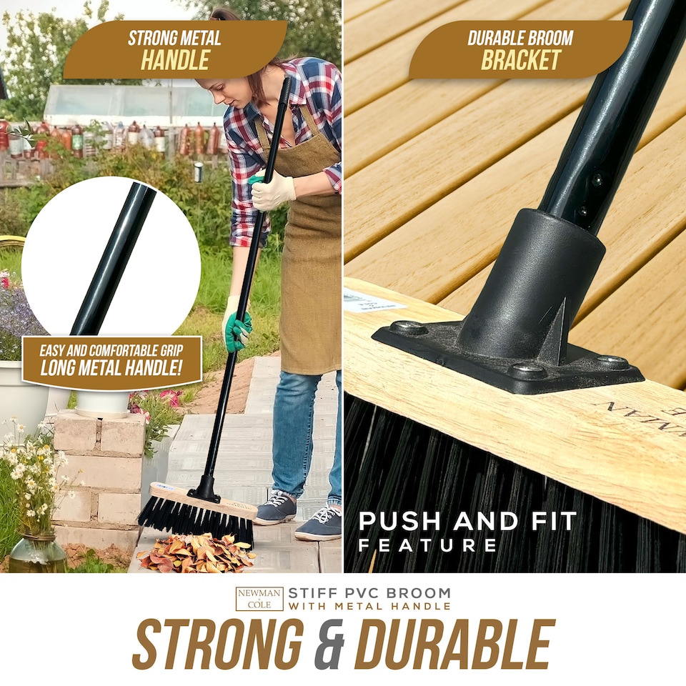 image 1 of Stiff PVC 10" Outdoor Yard Broom Heavy Duty Garden Brush with Black Metal Handle
