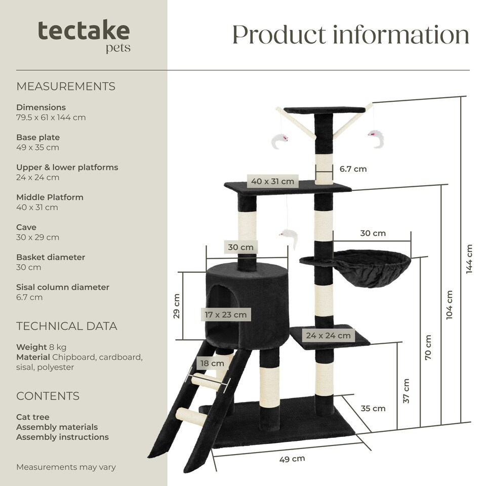 image 1 of Cat Tree Dominik - 144 cm, sisal cat scratching post, mice & anti-tip protection - Black