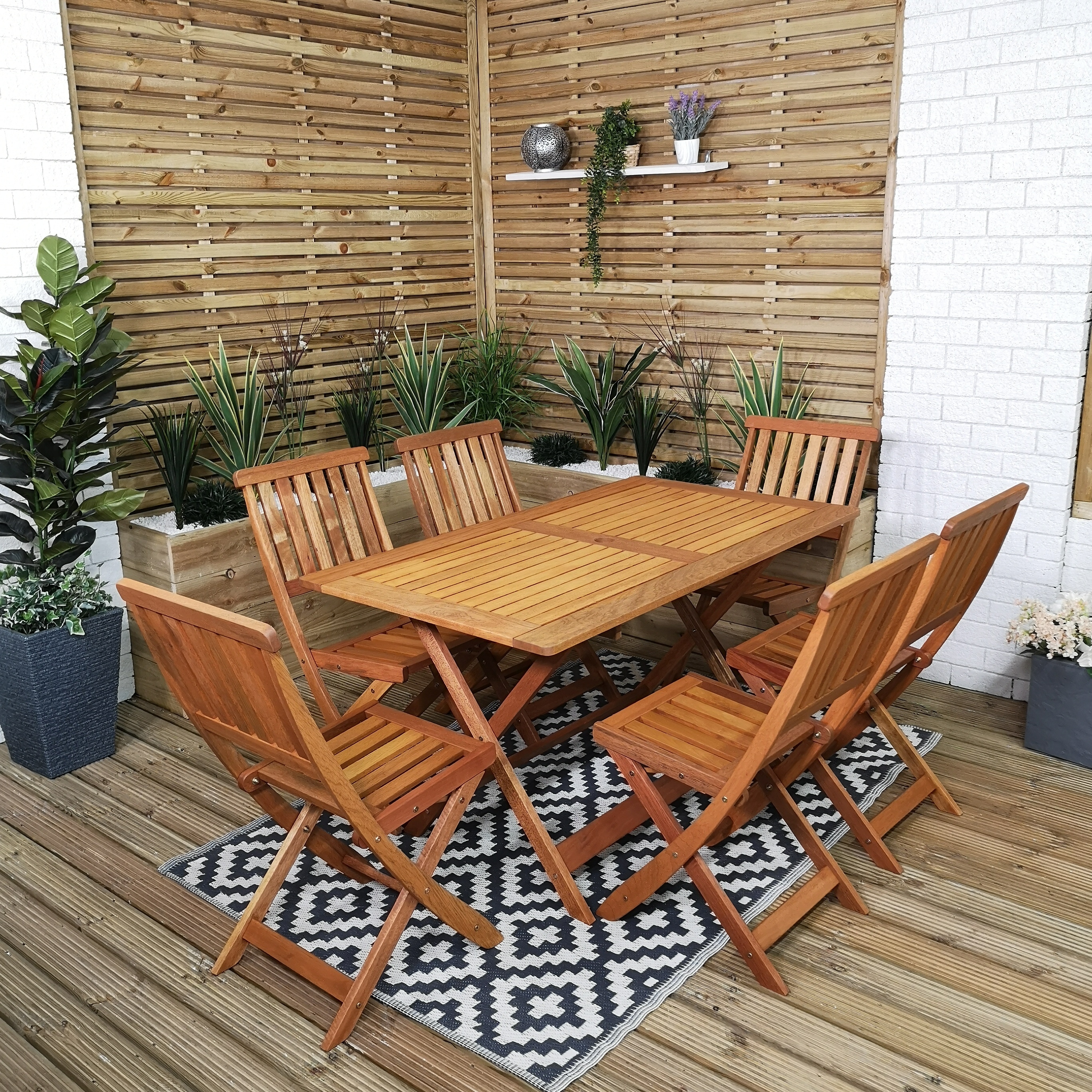 Outdoor 6 Person Folding Rectangular Wooden Garden Patio Dining Table Chairs Set