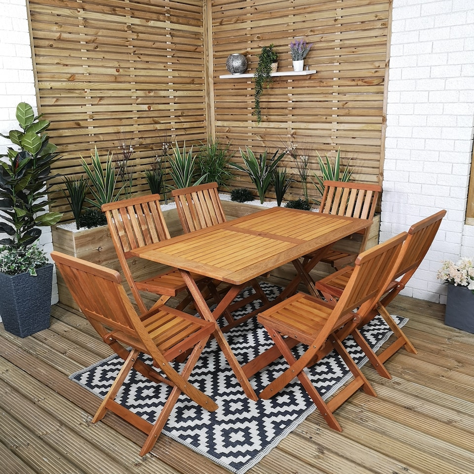 image 1 of Outdoor 6 Person Folding Rectangular Wooden Garden Patio Dining Table Chairs Set