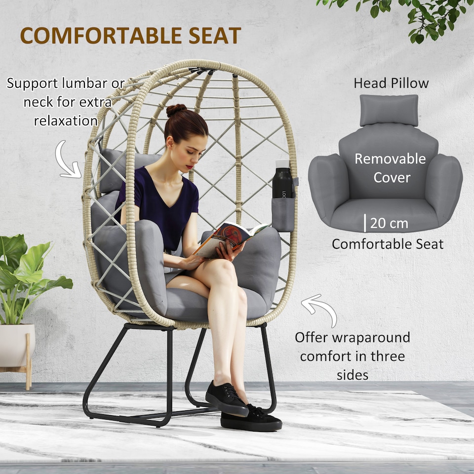 image 1 of Outsunny Rattan Egg Chair Outdoor Indoor Wicker Chair with Thickened Cushion and Headrest, Standing Garden Egg Chair with Cup Holder, Metal Frame for Patio, Balcony, Grey | Grey
