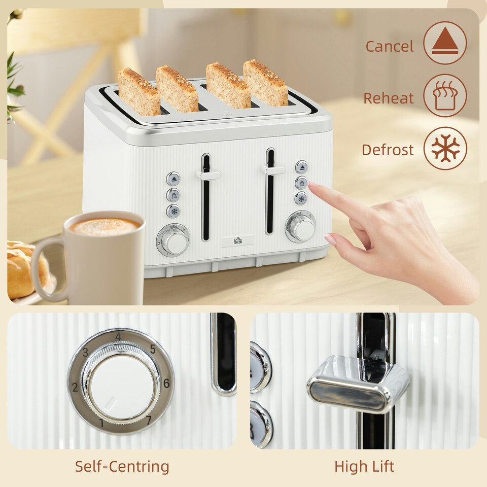 image 1 of HOMCOM 1.7L 3000W Rapid Boil Kettle and 4 Slice Toaster Set Crumb Tray White