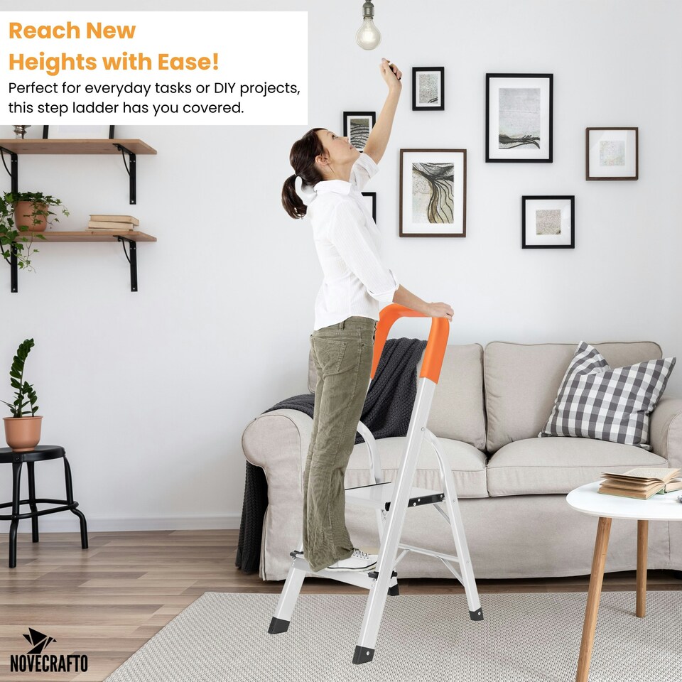 image 1 of Lightweight Step Ladders - Compact Aluminium Stepladder with Non-Slip Wide Step, Portable Silver Color - Tall Folding Ladder with Platform Silver | 2- Step 88cm