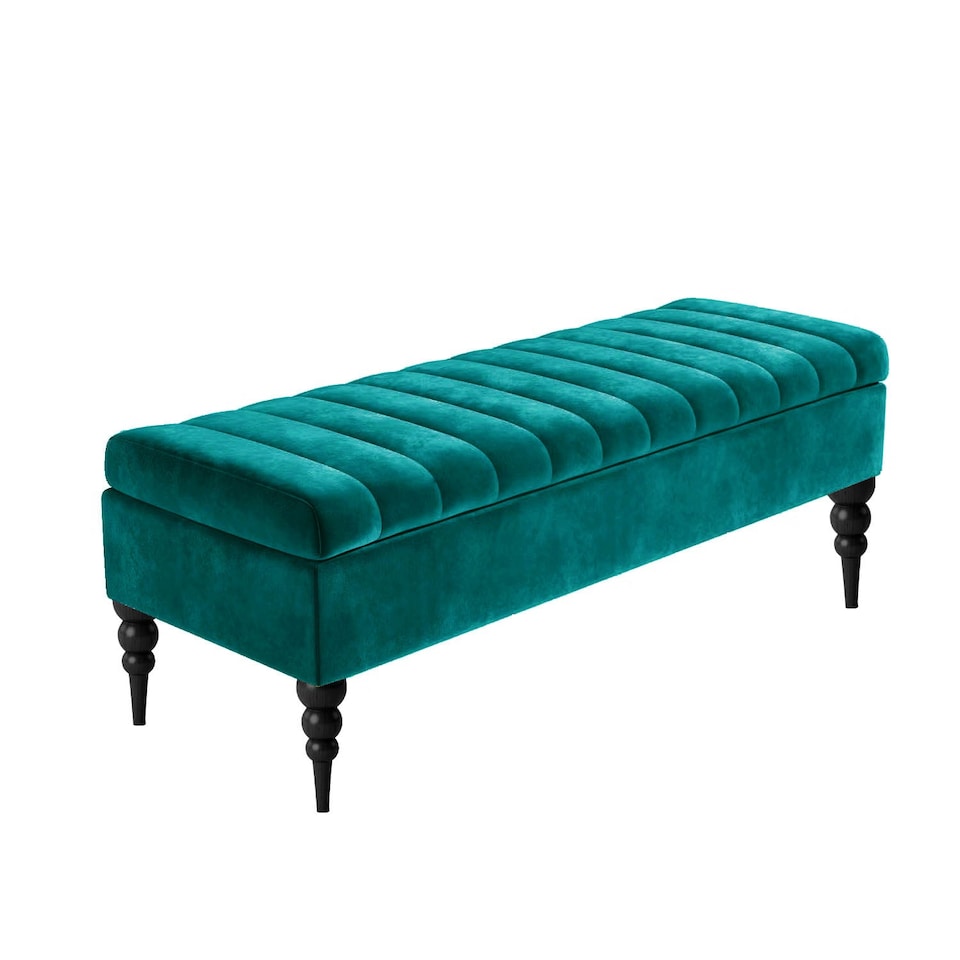 image 1 of 90cm Sierra Striped Ottoman Storage Bench with Black Turned Wooden Legs - Emerald Green Plush Velvet Upholstered Shoes Bench