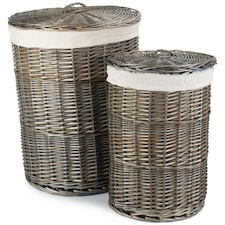 Antique Wash Round Laundry Basket Set of 2 | White | White
