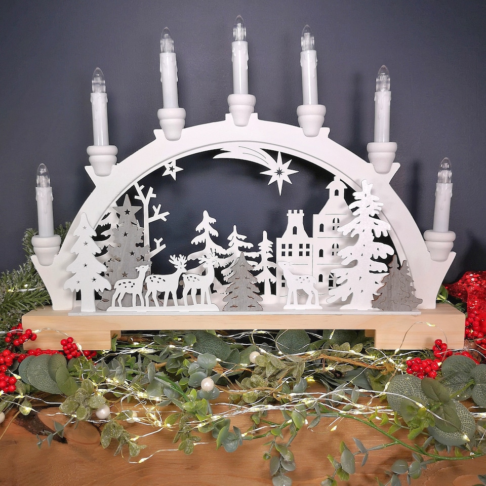 image 1 of 45cm Battery Operated Warm White LED Wooden Arch Reindeer Scene Candle Bridge Christmas Decoration