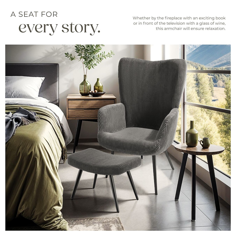 image 1 of Armchair Hygge - padded, armrests and ergonomic backrest, 150 kg load capacity | Grey | Wide cord anthracite/black | One Size | 1