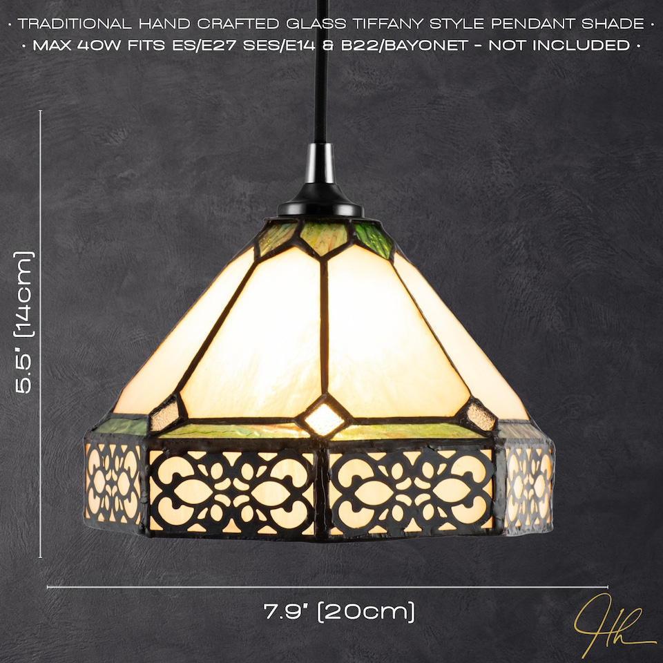 image 1 of Classic 1920s Shabby Chic Pendant Light Shade with Metal Scrollwork Decoration | Green