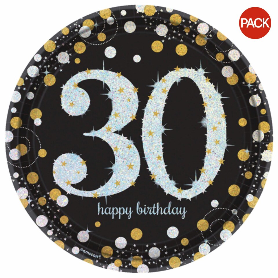 Amscan Sparkling Gold Celebration 30th Birthday Party Plates (Pack of 8) - Gold - One Size