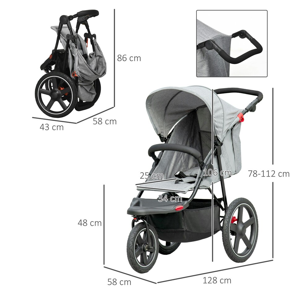 image 1 of HOMCOM Foldable Three-Wheeler Baby Stroller w/ Sun Canopy, Storage - Grey