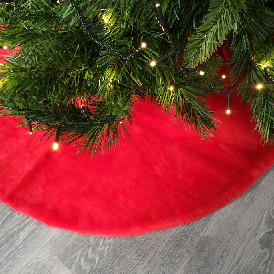 image 1 of 90cm Red Fluffy Plush Christmas Tree Skirt with Ribbon Ties