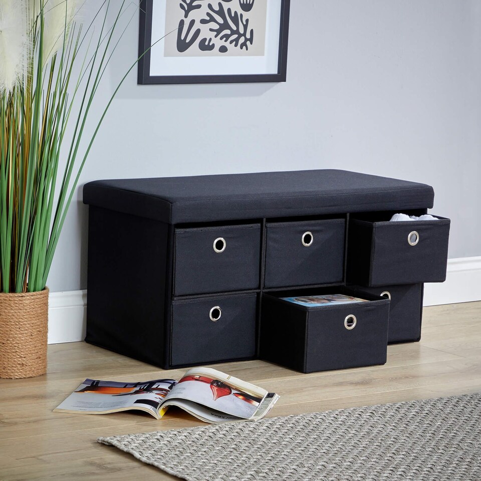 image 1 of Folding Ottoman Storage Bench 6 Drawer Compact Space-Saving Furniture | Black