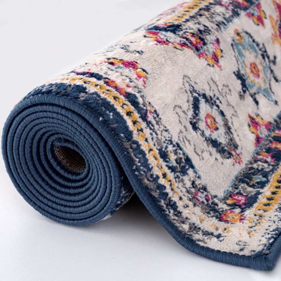 image 1 of The Rugs Marrakech Collection Pink and Navy Distressed Medallion Living Room Floor Rug and Runner | 440
