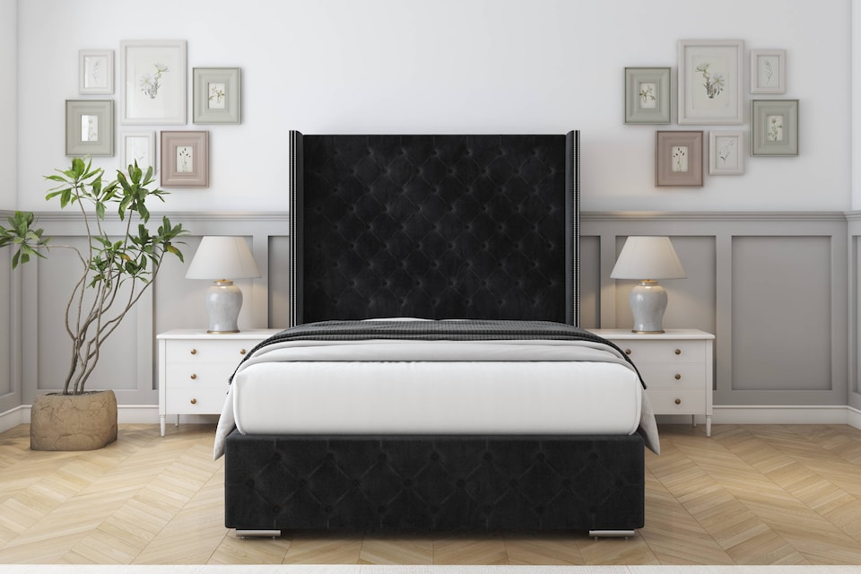 image 1 of Sloomy Arundel Black Naples Bed Frame With Mattress With 50"  Upholstered Wingback Headboard 3' Single