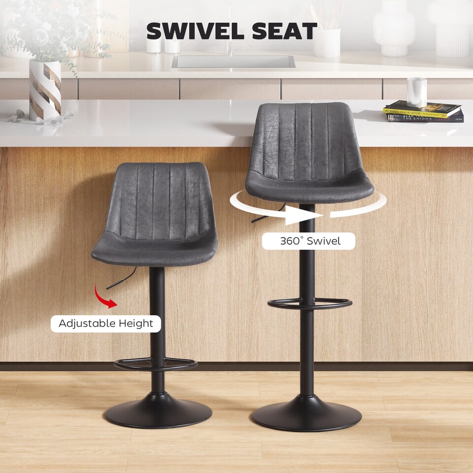 image 1 of HOMCOM Modern Bar Stools Set of 2, Height Adjustable Swivel Bar Chairs with Backrest, Gas Lift and Footrest, Leathaire Barstools for Breakfast Counter, Kitchen Island, Charcoal Grey | Grey | Charcoal grey