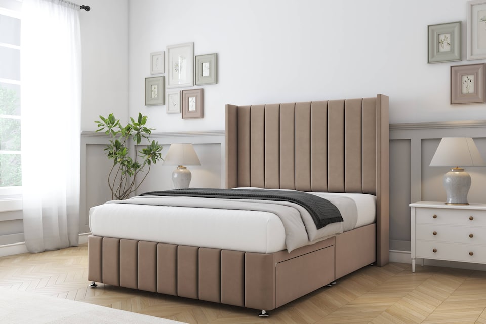 image 1 of Sloomy Melbourne Mink Plush Divan Bed Base No Drawers With 54 Inch Wingback Headboard & 12 Inch Matching Footboard | Brown | Mink | King | 1