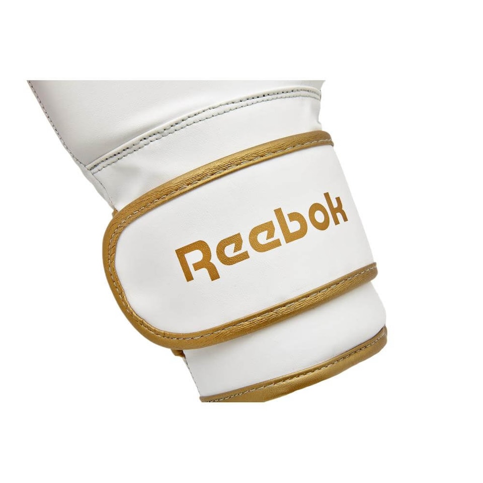 image 1 of Reebok 14oz Boxing Gloves — Gold/White Synthetic Leather with Breathable Mesh | White | Gold/White | 14oz