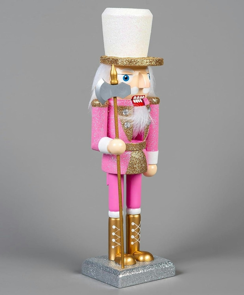 image 1 of 25cm Pink Wooden Nutcrackers Soldiers King Drummer Christmas Ornament 4pcs Set