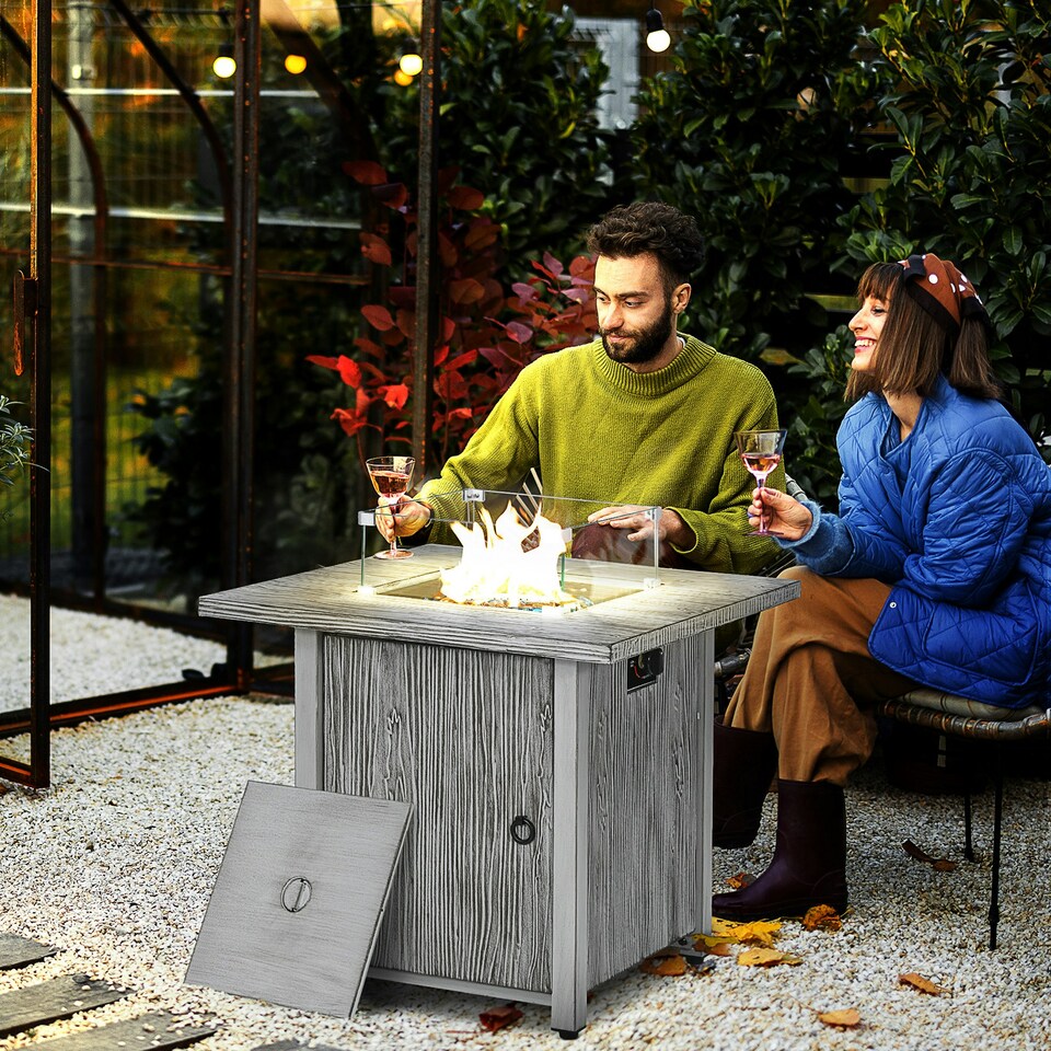 image 1 of Outsunny Propane Gas Fire Pit Table for Garden, 40000 BTU Smokeless Firepit Outdoor Patio Heater with Waterproof Cover, Glass Screen, Glass Beads and Lid, Wood Effect, 71 x 71 x 63cm, Grey
