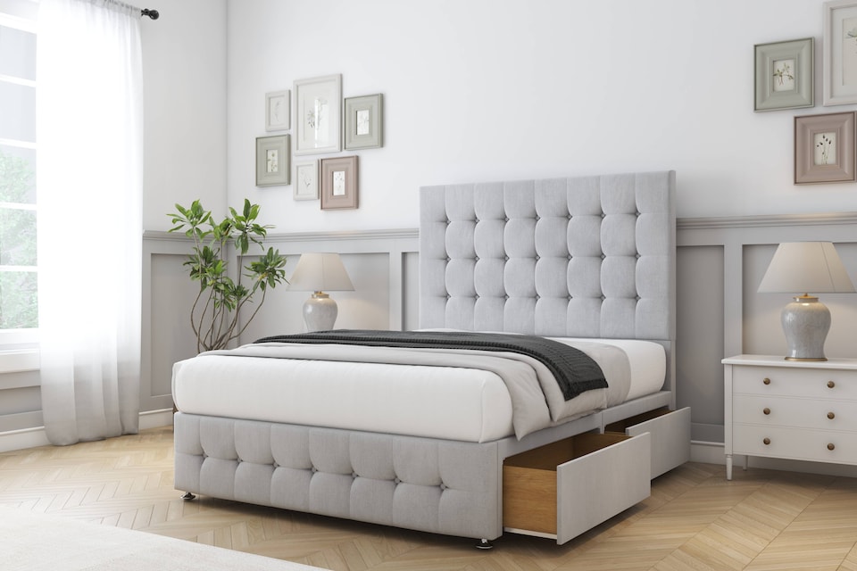 image 1 of Sloomy Berlin Silver Naples Divan Bed With Mattress 2 Drawers Right Side With 54" Floor Standing Headboard & 12" Matching Footboard 4'6 Double | Silver | Silver | Double | 1
