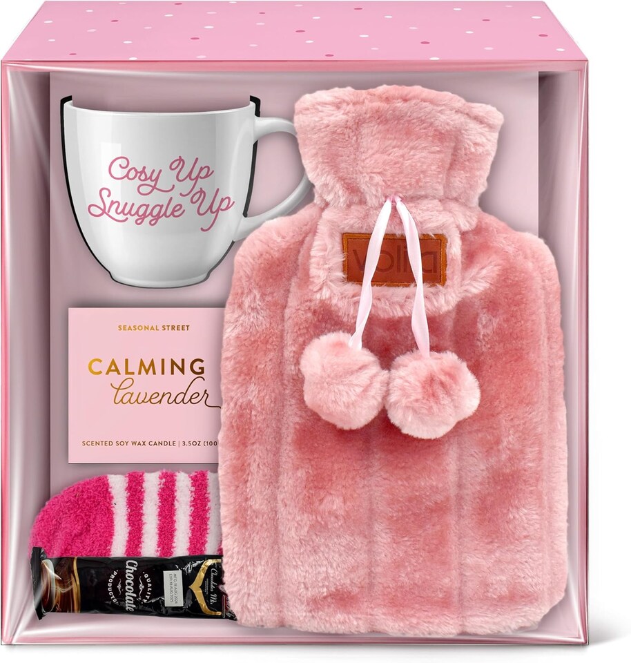 image 1 of volila 3.5L Hot Water Bottle - Ribbed Natural Rubber with Washable Faux-Fur Cover and Pom-Pom Ties | Pink | Pink with Set | 1