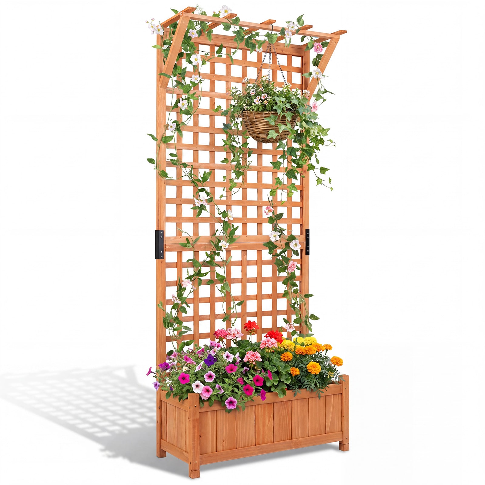 Costway Wooden Raised Garden Bed with Hanging Roof & Trellis Outdoor Fir Wood Planter Box