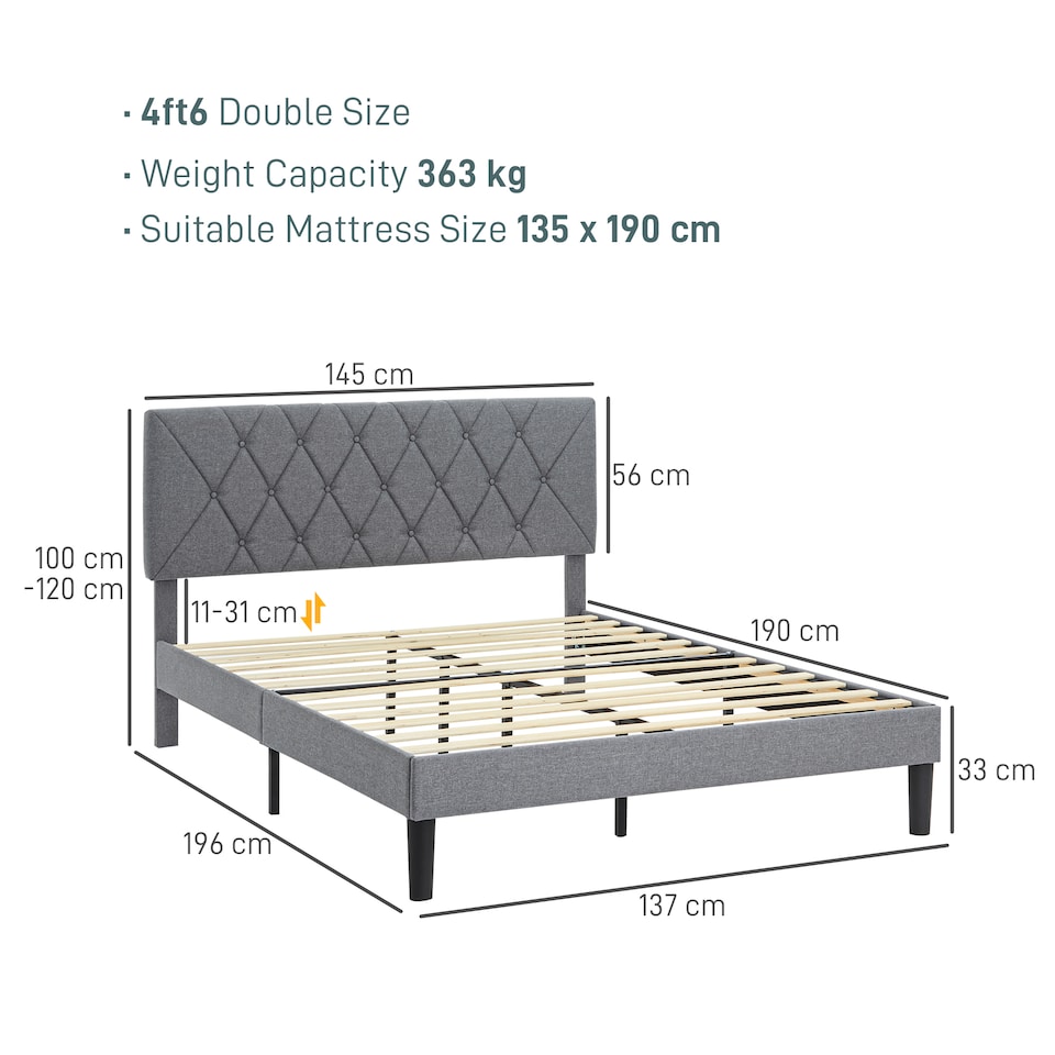 image 1 of HOMCOM Double Bed Frame with 5-Level Adjustable Linen Upholstered Headboard, Wooden Slats Mattress Foundation, No Box Spring Needed, Grey