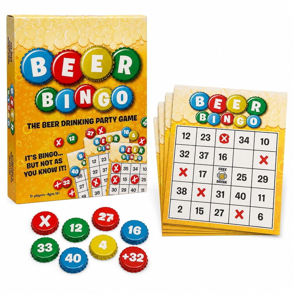 image 1 of Beer Bingo Drinking Game  Adult Party Game with Bingo Cards & Bottle Caps Fun Games Night for Friends - Beers Not Included