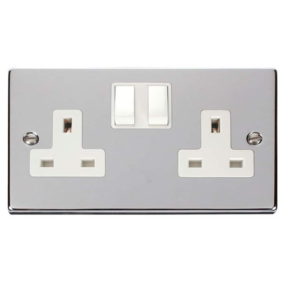 SE HOME Polished Chrome 2 Gang 13A Twin Double Switched Plug Socket | Chrome | Polished Chrome