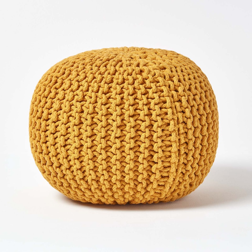 image 1 of Homescapes Mustard Round Cotton Knitted Pouffe Footstool - 35 x 40 cm | Yellow | H 35cm x W 40cm