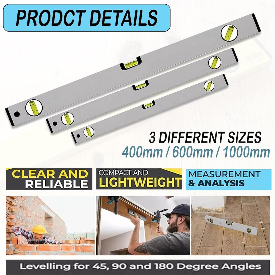 image 1 of Spirit Level Set 3 Pcs High Accuracy Spirit Level Lightweight 400 600 and 1000MM DIY Build 3 Bubble Level