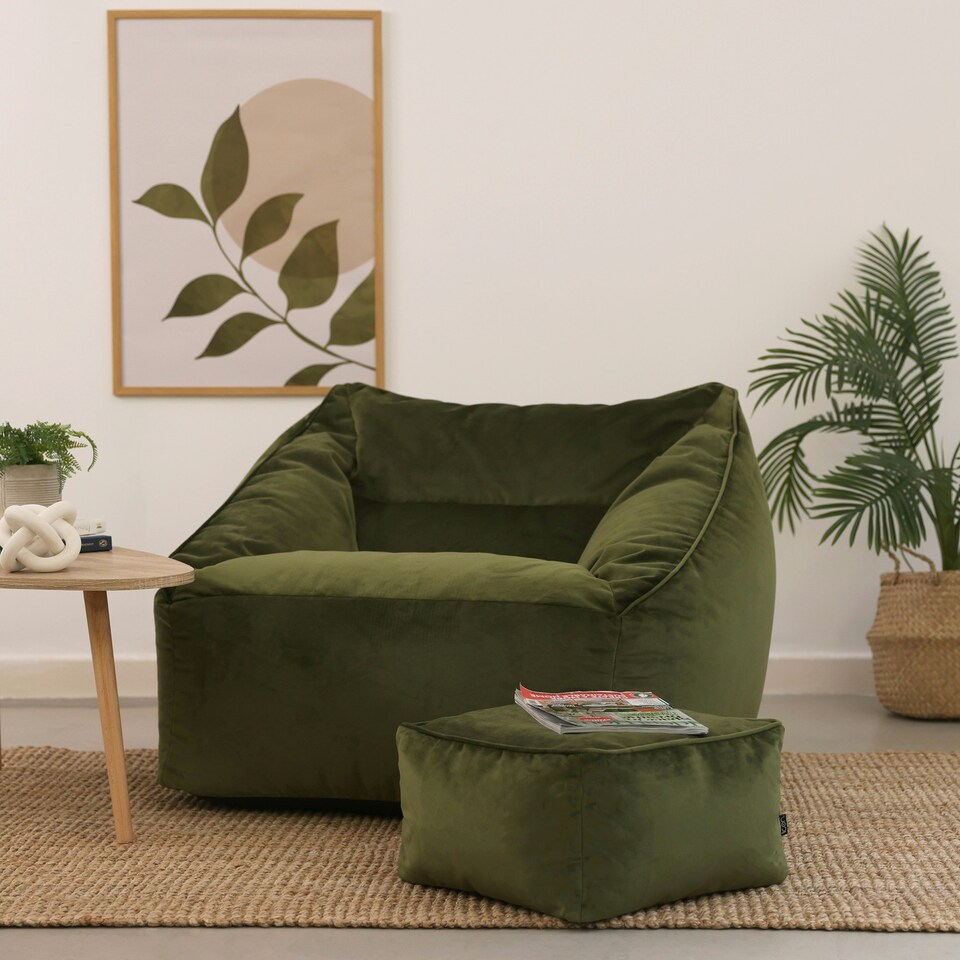 image 1 of icon Natalia Velvet Adults Bean Bag Armchair and Pouffe, Ready Filled Large Beanbag and Footstool Olive Green Green | Green