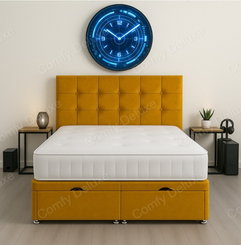 image 1 of Cube Mustard Plush Ottoman Foot Lift 4ft6 Double Divan Bed Set